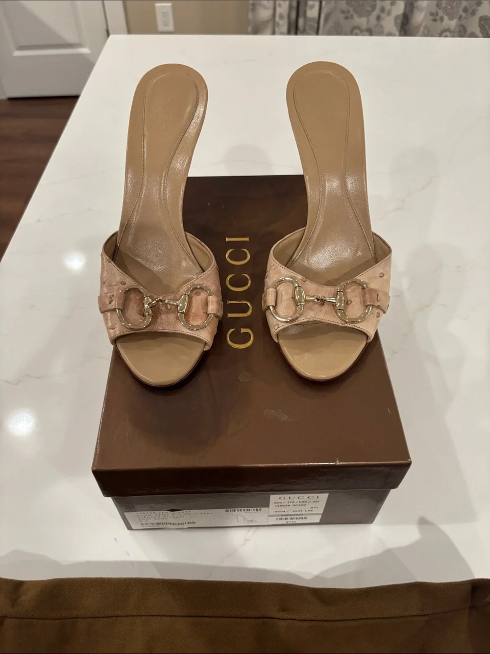 Gucci Sand Pink Leather Horsebit Open-Toe Heeled Slides